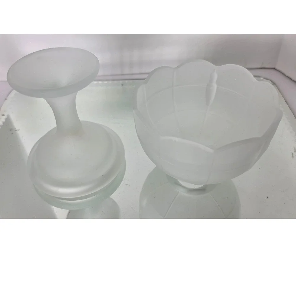 Vintage Frosted Satin Glass Fairy Lamp Scalloped 2-Piece Candle Holder 6
